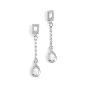 Baguette Stone Chain Drop Earrings - Silver