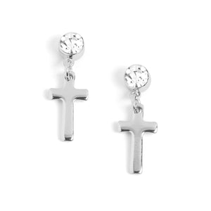 Clear Stone Cross Dangle Earrings - Silver