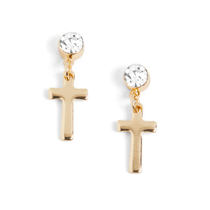 Clear Stone Cross Dangle Earrings - Gold