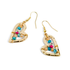 Facet Bead Filled Heart Earrings - Gold