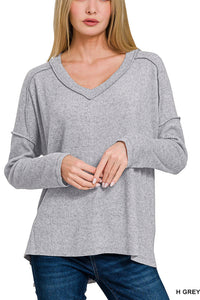 Heather Gray Brushed Ribbed Hacci Drop Shoulder Sweater