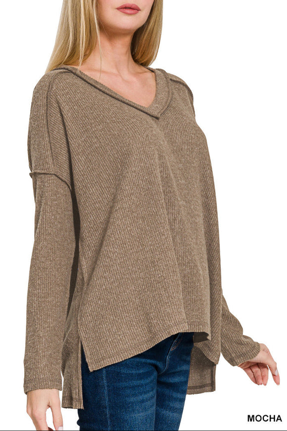 Mocha Brushed Ribbed Hacci Drop Shoulder Sweater