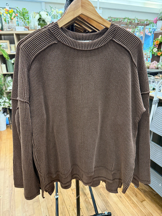 Chocolate Raised Rib Raw Edge Boat Neck Long Sleeve Top