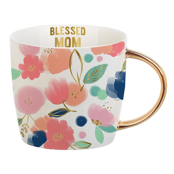 Blessed Mom Floral Mug w/ Gold Handle