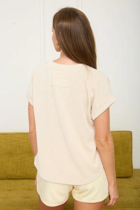 Oatmeal Ribbed Crew Neck Short Sleeve Knit Top