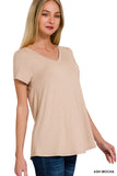 V-Neck Round Hem Top - Sand Beige