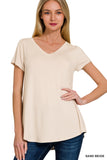 V-Neck Round Hem Top - Sand Beige