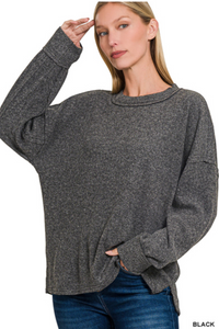 Black Brushed Ribbed Hacci Exposed Seam Sweater