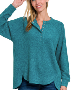 Brushed Melange Hacci Oversized Henley Sweater | Teal