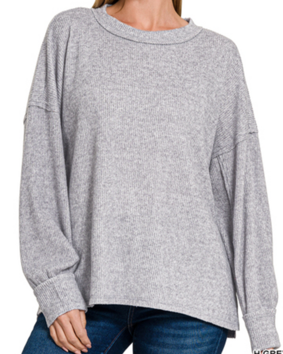 Heather Gray Brushed Ribbed Hacci Exposed Seam Sweater