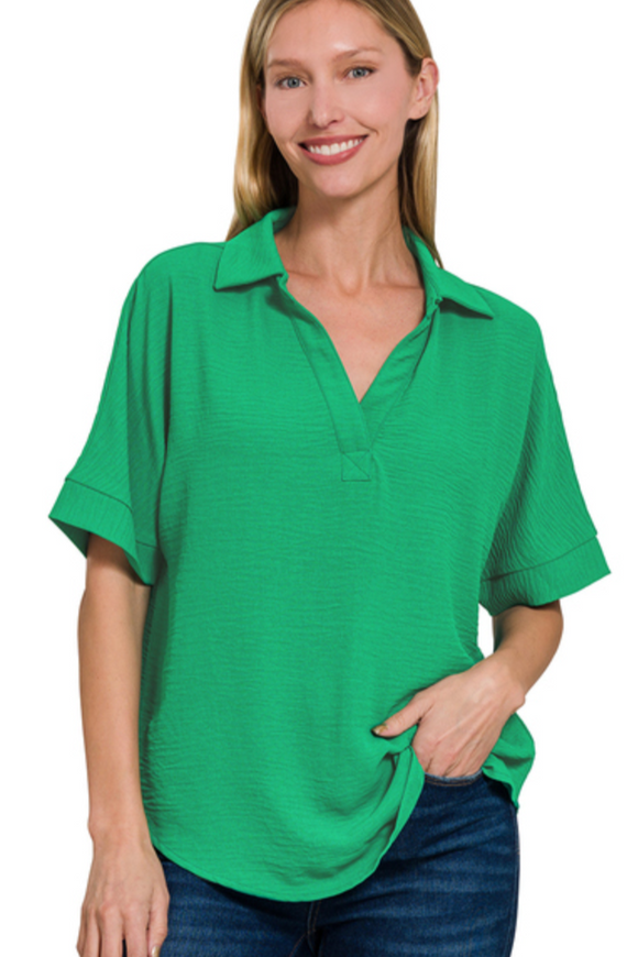 Kelly Green Woven Airflow Collared V-Neck Top