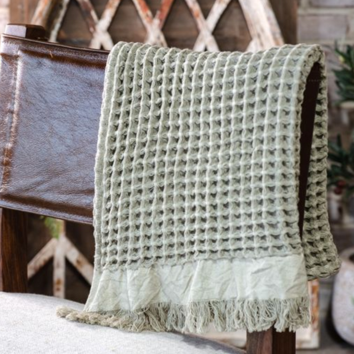 Sage Waffle Throw w/ Fringe