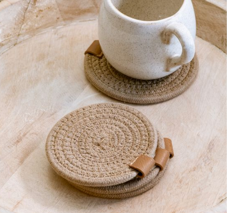 Beige Round Fabric Coasters Set of 4
