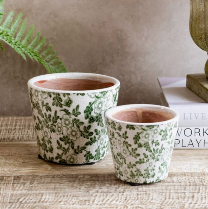 Green/White Blossom Print Pot Planter