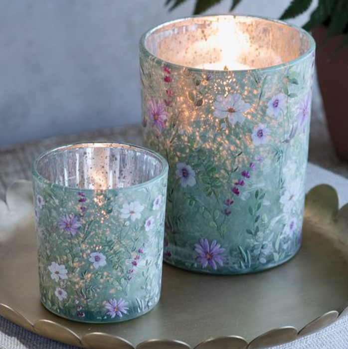 Green Floral Glass Candle Holders