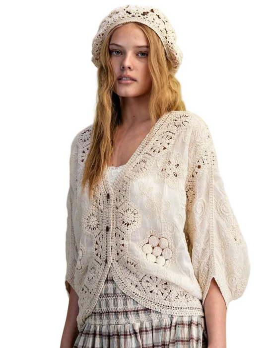 Natural Dolman Sleeves Crochet Mix Button Front Blouse