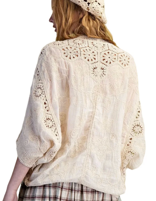 Natural Dolman Sleeves Crochet Mix Button Front Blouse