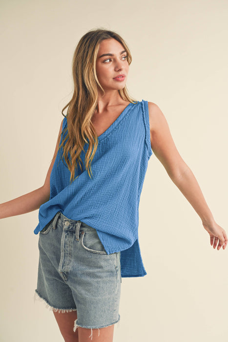 Sage Cotton Gauze V Neck Tank