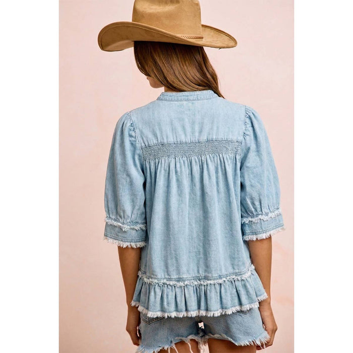 Washed Light Denim Smocked Ruffled Hem Top