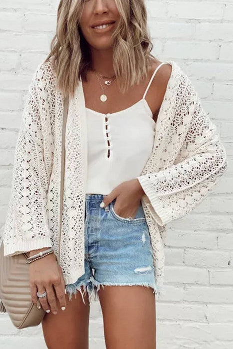 White Hollow Out Knit Drop Shoulder Cardigan