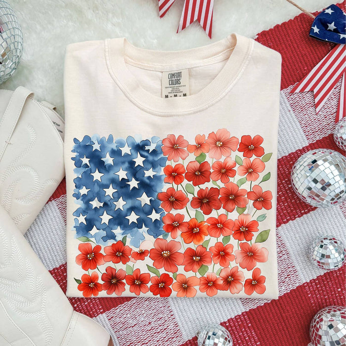 Floral Watercolor American Flag Graphic Tee