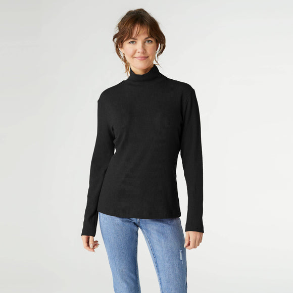 Hazel Long Sleeve Ribbed Mock Neck Top - Black