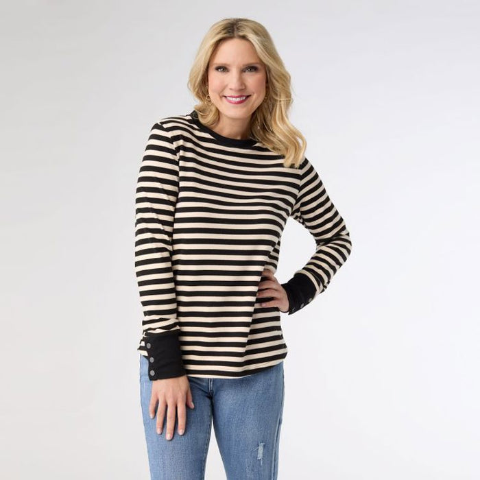 Alexis Super Soft Top with Snap Cuff - Black/Cream Stripe