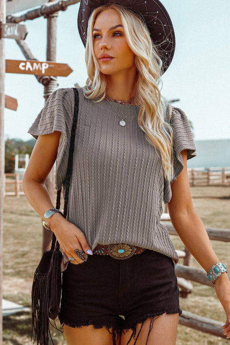 Mocha Textured Flutter Sleeve Top