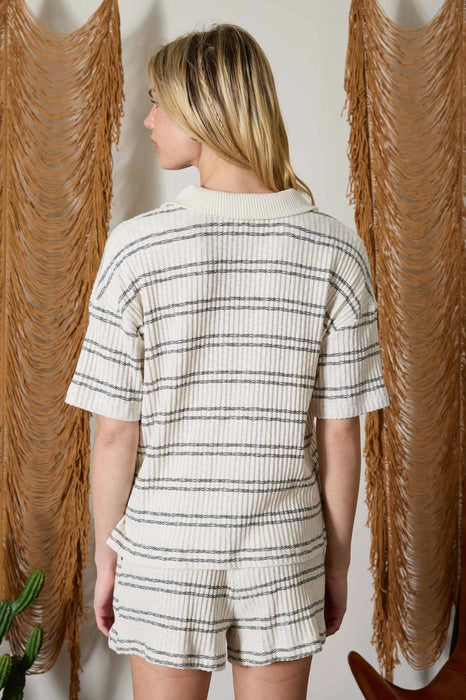 Marled Stripe Collared Short Sleeve Knit Top
