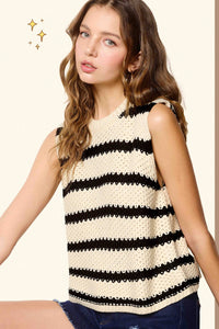 Black & Cream Chunky Striped Sleeveless Sweater Top