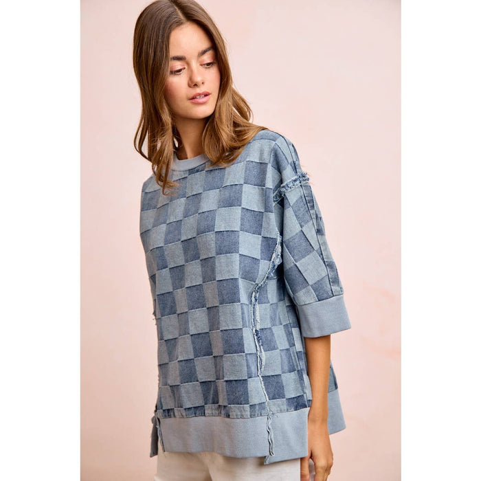 Denim Washed Checkered Short Sleeve Top
