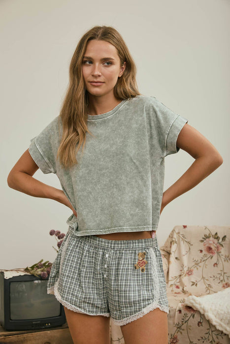 Olive Washed Short Sleeve Boxy Knit Top