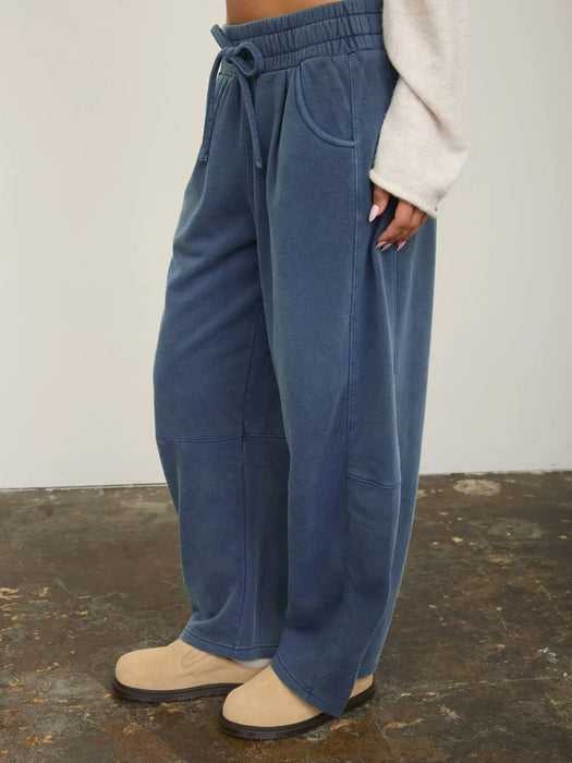 Vintage Blue Smocked Waist Drawstring Barrel Leg Sweatpants