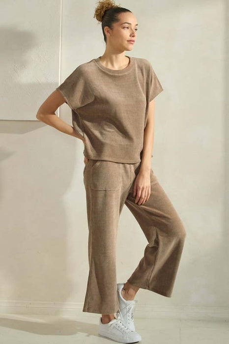 Mocha Corduroy Short Sleeve Top Cropped Pant Set (Sold separately)