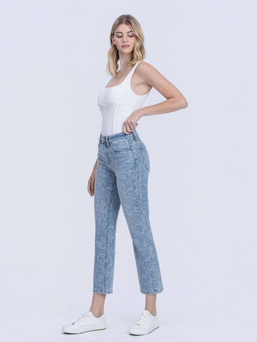 High Rise Floral Easy Flare Cropped Denim Jeans