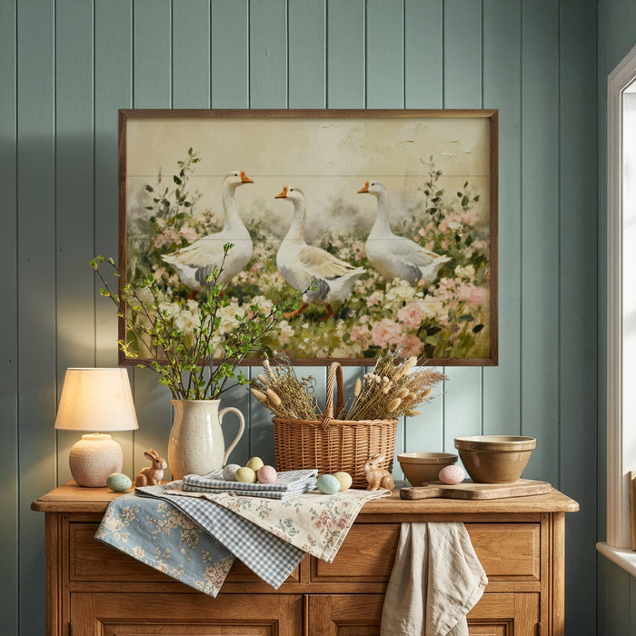 White Geese In Flowers Framed Wall Art