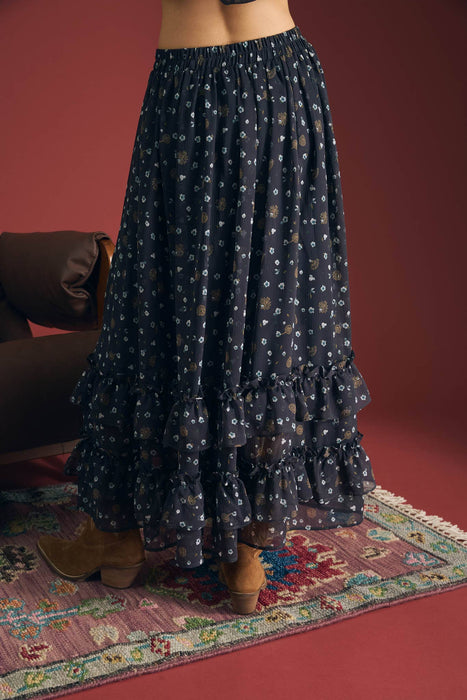 Floral Ruffled Tiered Hem Midi Skirt
