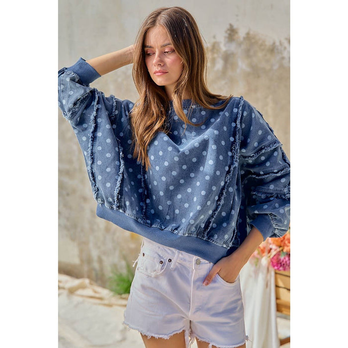 Denim Polka Dot  Frayed Edge Detail Top