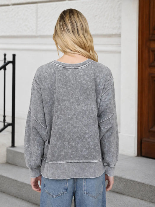 Black Acid Wash Long Sleeve Side Slit Knit Top