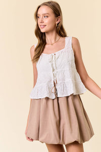 Floral Embroidered Front Tie Sleeveless Ruffle Top