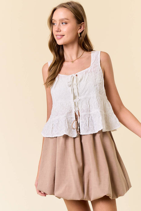 Floral Embroidered Front Tie Sleeveless Ruffle Top