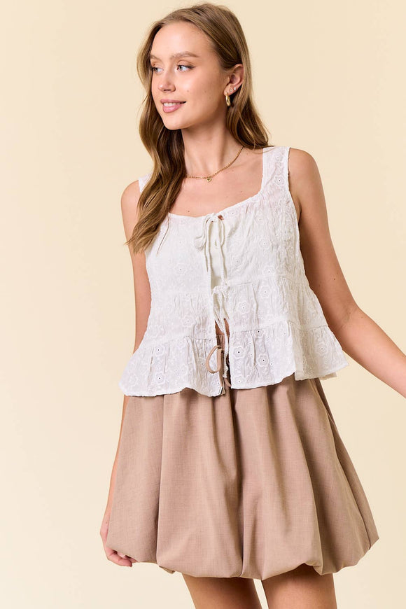 Floral Embroidered Front Tie Sleeveless Ruffle Top
