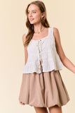 Floral Embroidered Front Tie Sleeveless Ruffle Top