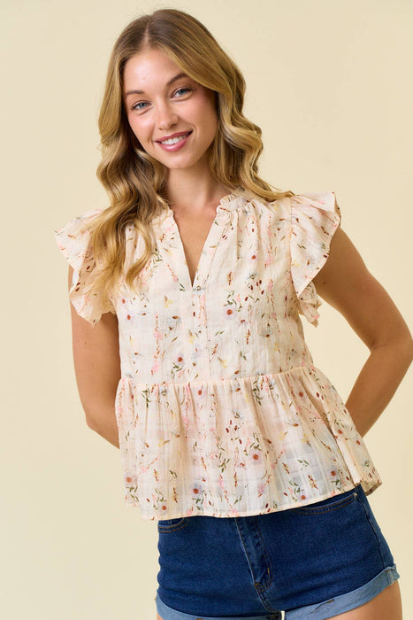 Cream Floral Printed Ruffle Sleeve Top