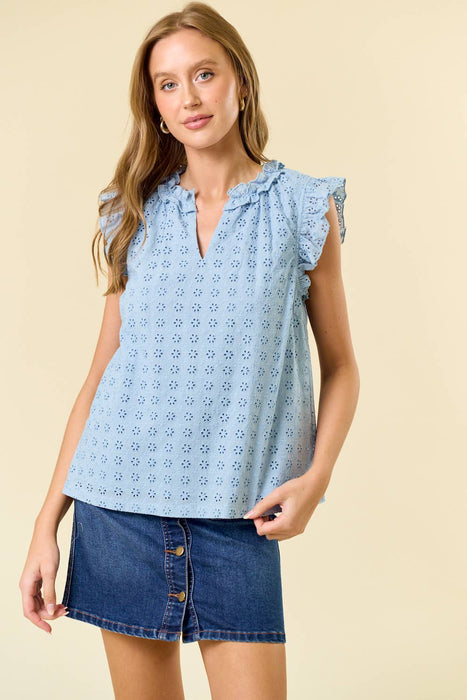 Cotton Eyelet Ruffle Neckline Cap Sleeve Top - White or Blue