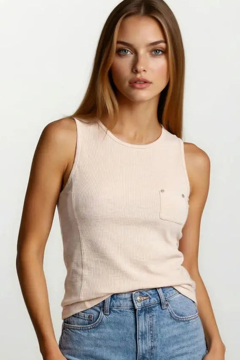 Light Tan Mini Patch Pocket with Snap Detail Tank Top