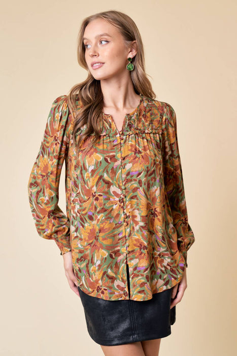 Olive Smocked Long Sleeve Blouse