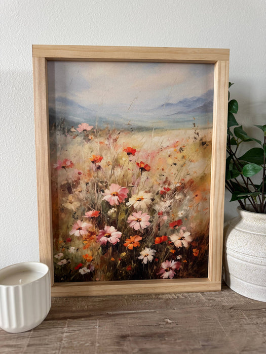 Pink Summer Flower Field Wall Art | Light Oak Frame 8x12