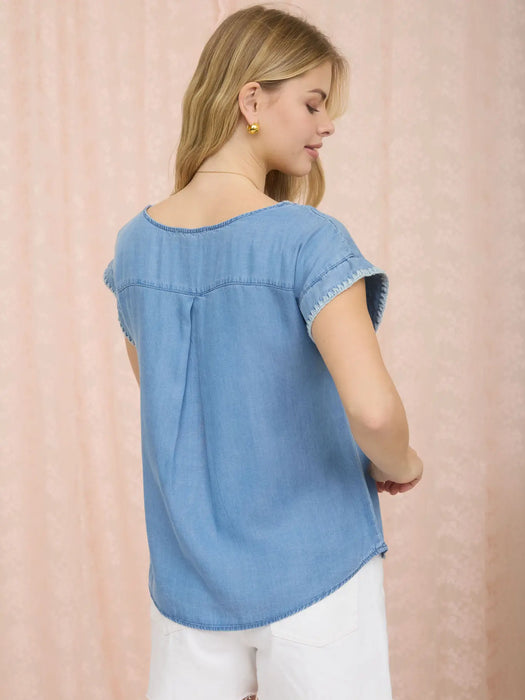 Edge Stitch Detail Short Sleeve Chambray Top
