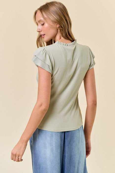 Soft Rib Ruffled Neck Butterfly Cap Sleeve Top - Sage